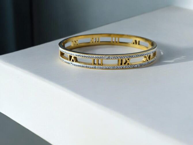Roman Bangle - Gold-Plated Stainless Steel with Cubic Zirconia - Image 3
