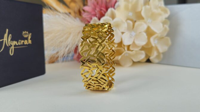 Leaves Pattern Bangle - Gold Stainless Steel Wide Openable Design - Image 2