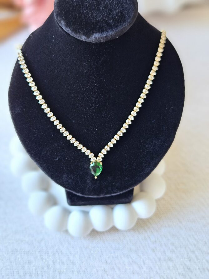 Aylin Necklace - 18k Gold-Plated with Green Teardrop Stone & Cubic Zirconia