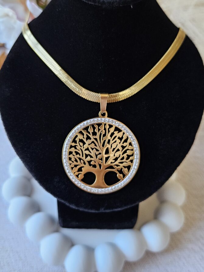 Tree of Life Necklace - Gold Stainless Steel with Cubic Zirconia - Image 2