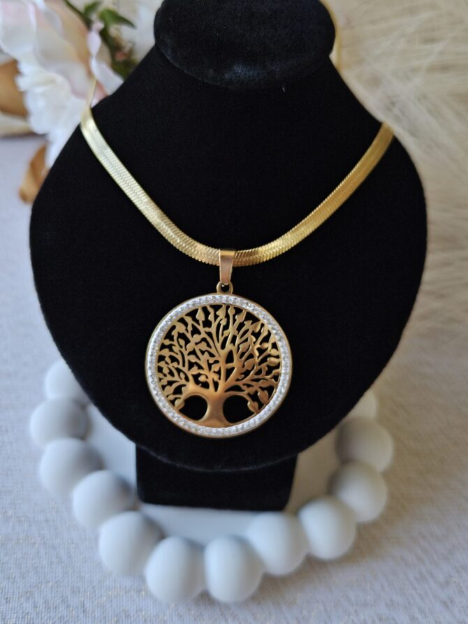 Tree of Life Necklace - Gold Stainless Steel with Cubic Zirconia