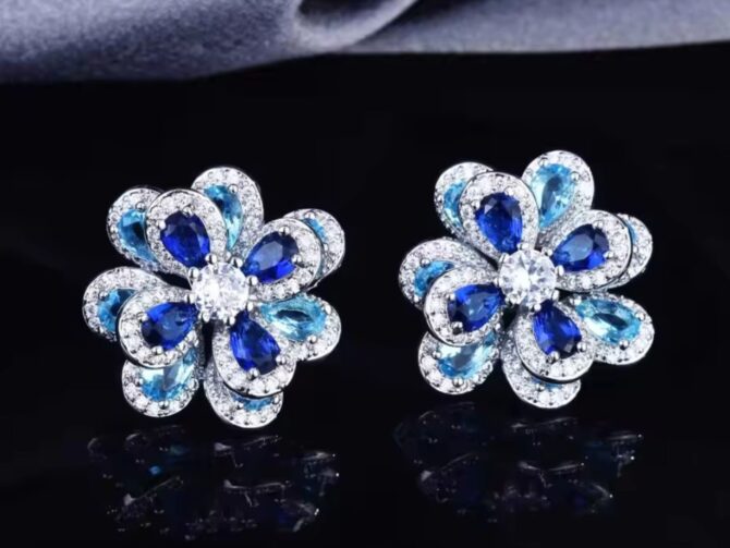 3D Floral Stud Earrings - Sterling Silver with Blue Crystals & Cubic Zirconia - Image 2