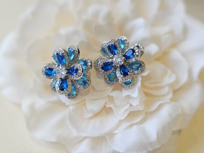 3D Floral Stud Earrings - Sterling Silver with Blue Crystals & Cubic Zirconia