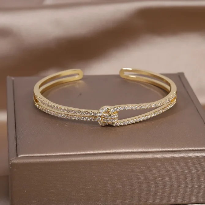 Cuffed Knot Bangle - Gold-Plated Stainless Steel with Cubic Zirconia - Image 4