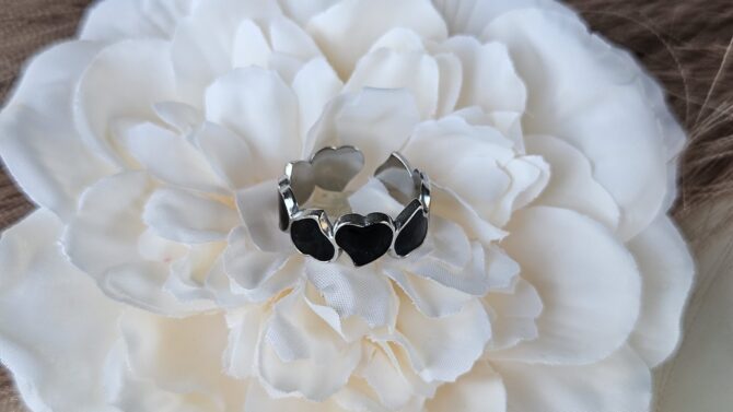 Gold/Black Heart Ring - Gold Stainless Steel, Resizable - Image 3
