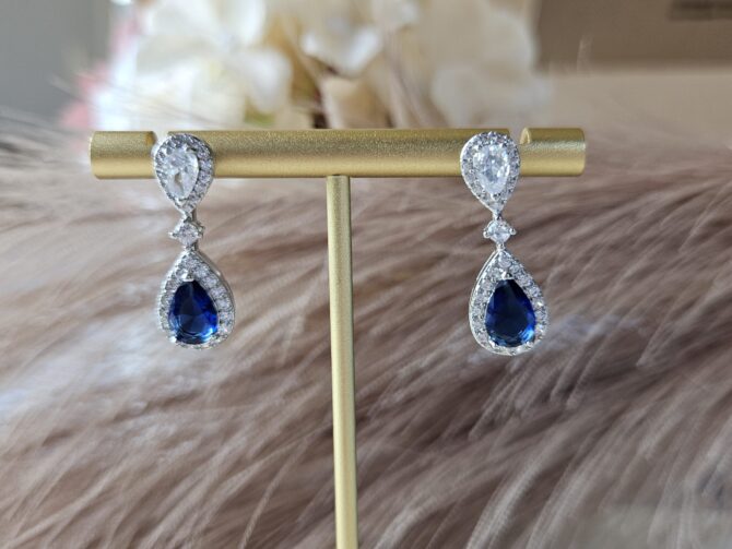 Blue Pear Earrings - Sterling Silver with Blue Crystal & Zirconia