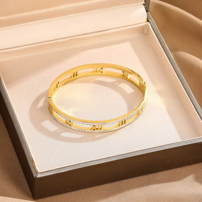 Roman Bangle - Gold-Plated Stainless Steel with Cubic Zirconia - Image 2