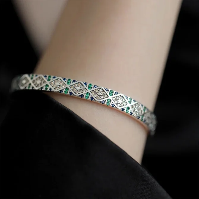 Vintage Geometric Cuff Bangle - Silver-Plated Stainless Steel with Cubic Zirconia - Image 2