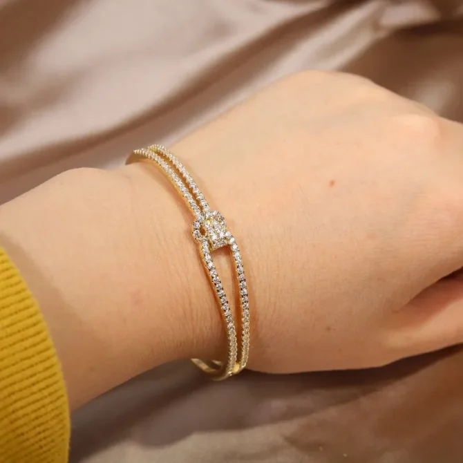 Cuffed Knot Bangle - Gold-Plated Stainless Steel with Cubic Zirconia - Image 2