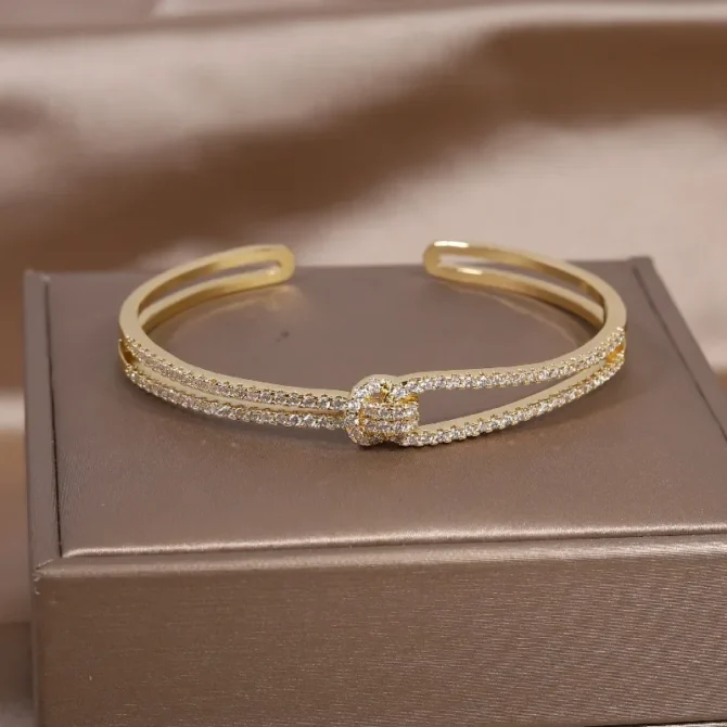 Cuffed Knot Bangle - Gold-Plated Stainless Steel with Cubic Zirconia - Image 3