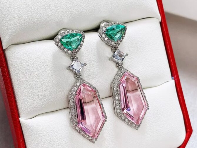 Athena Crystal Pink Earrings - Silver-Plated Dangle Earrings with Pink & Green Crystals