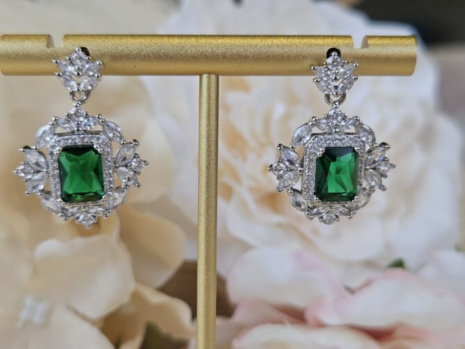 Clara Earrings - Sterling Silver with Green Crystal & Cubic Zirconia - Image 2