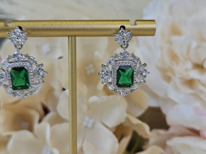 Clara Earrings - Sterling Silver with Green Crystal & Cubic Zirconia - Image 3