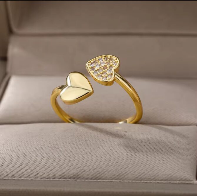 Double Heart Ring - Gold Stainless Steel with Paved Cubic Zirconia - Image 2
