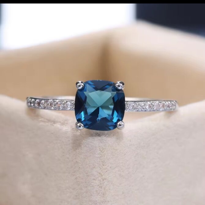 Peacock Blue Ring - Silver-Plated with Square Crystal & Cubic Zirconia - Image 3