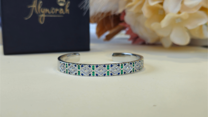 Vintage Geometric Cuff Bangle - Silver-Plated Stainless Steel with Cubic Zirconia