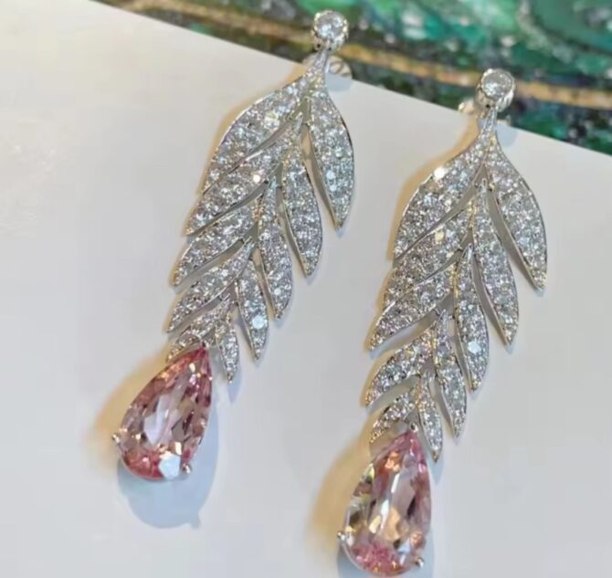 Pink Leaf Earrings - Sterling Silver with Pink Crystal & Cubic Zirconia
