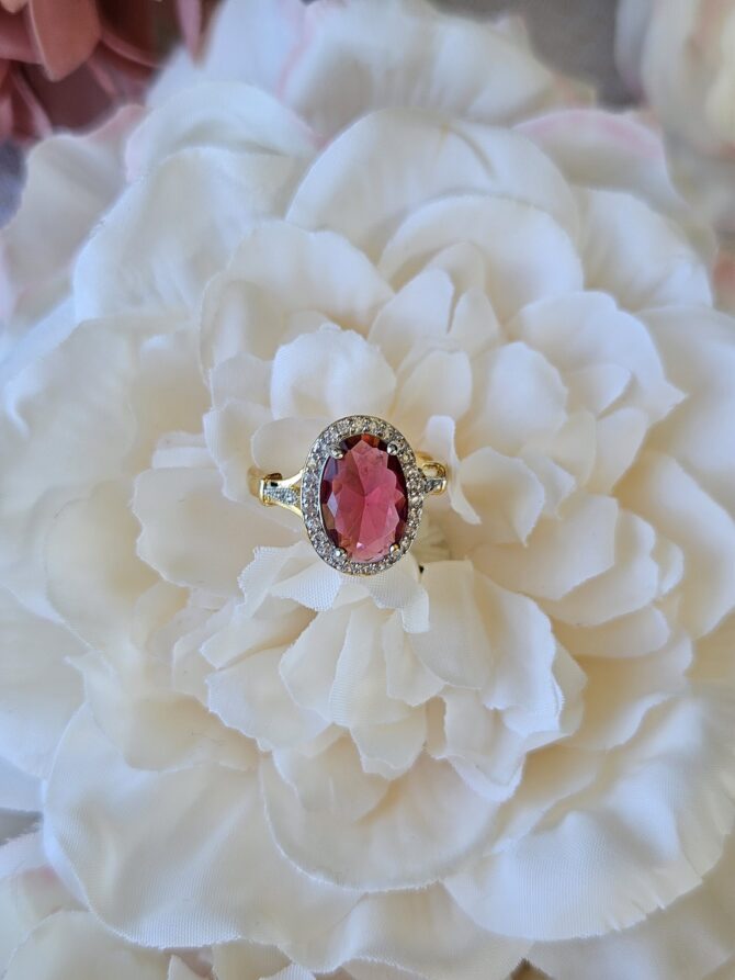 Red Rose Ring - Gold-Plated with Red Oval Crystal & Cubic Zirconia