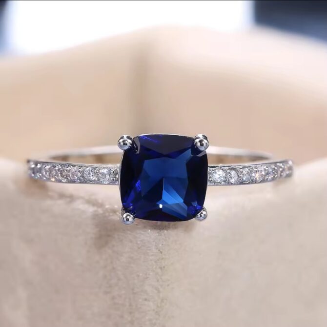 Sapphire Blue Ring - Silver-Plated with Square Crystal & Cubic Zirconia - Image 3