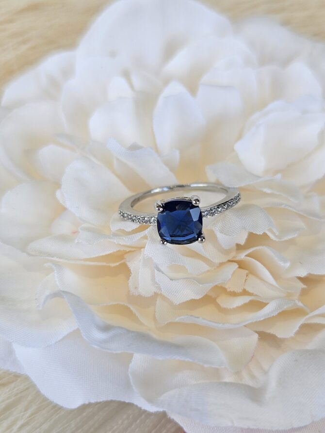 Sapphire Blue Ring - Silver-Plated with Square Crystal & Cubic Zirconia